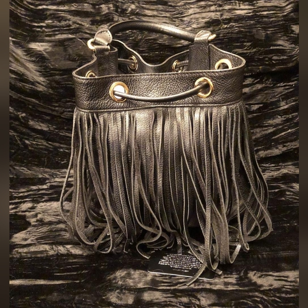 MILLY Essex‎ Black Leather Fringe Bucket Drawstring Crossbody Shoulder Purse